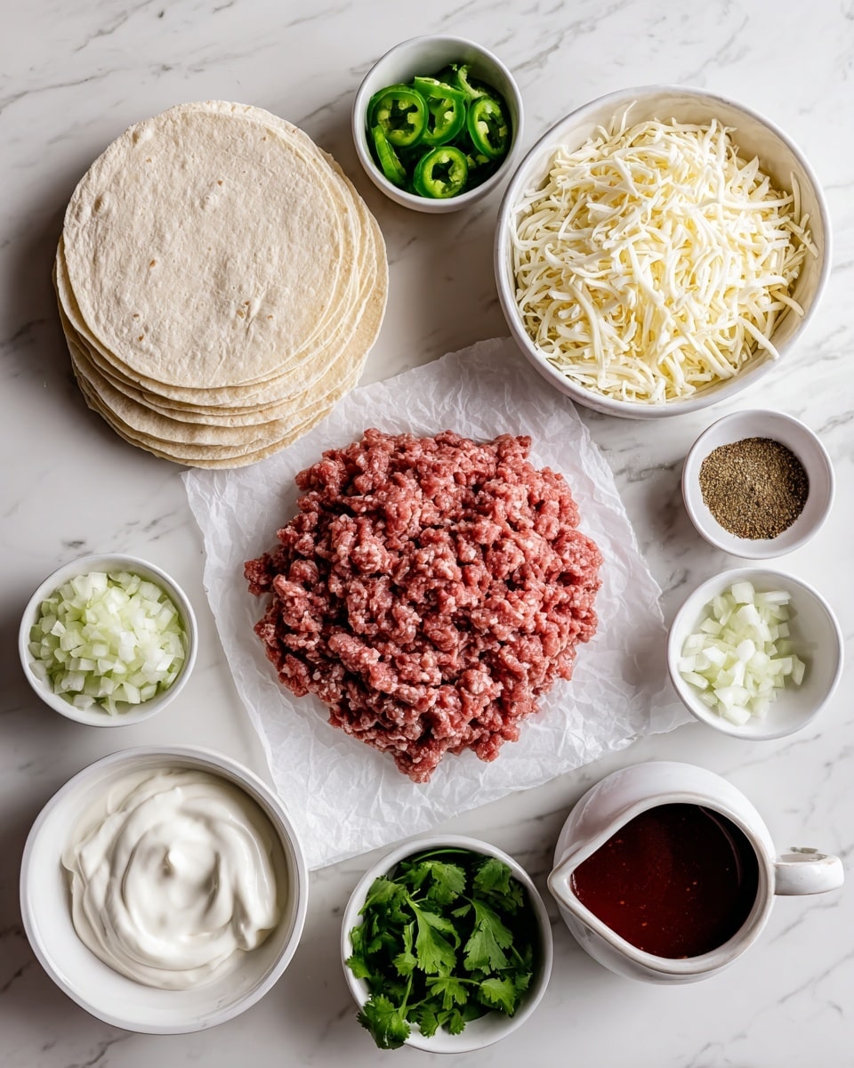 The image shows raw ground meat placed on white parchment paper in the center on a white marbled surface. To the left, there are four pale corn tortillas stacked with a small bowl of chopped green peppers above them. Below the tortillas, a white bowl filled with shredded cheese is next to a slightly larger white bowl with thick white sour cream. Above the sour cream, there is a small bowl of mixed spices. To the right of the meat, bowls contain chopped white onions, minced garlic, and fresh cilantro. Below these ingredients, a white jug holds a dark red sauce, all arranged neatly on a white marbled background. Photo taken with an iphone --ar 4:5 --v 7
