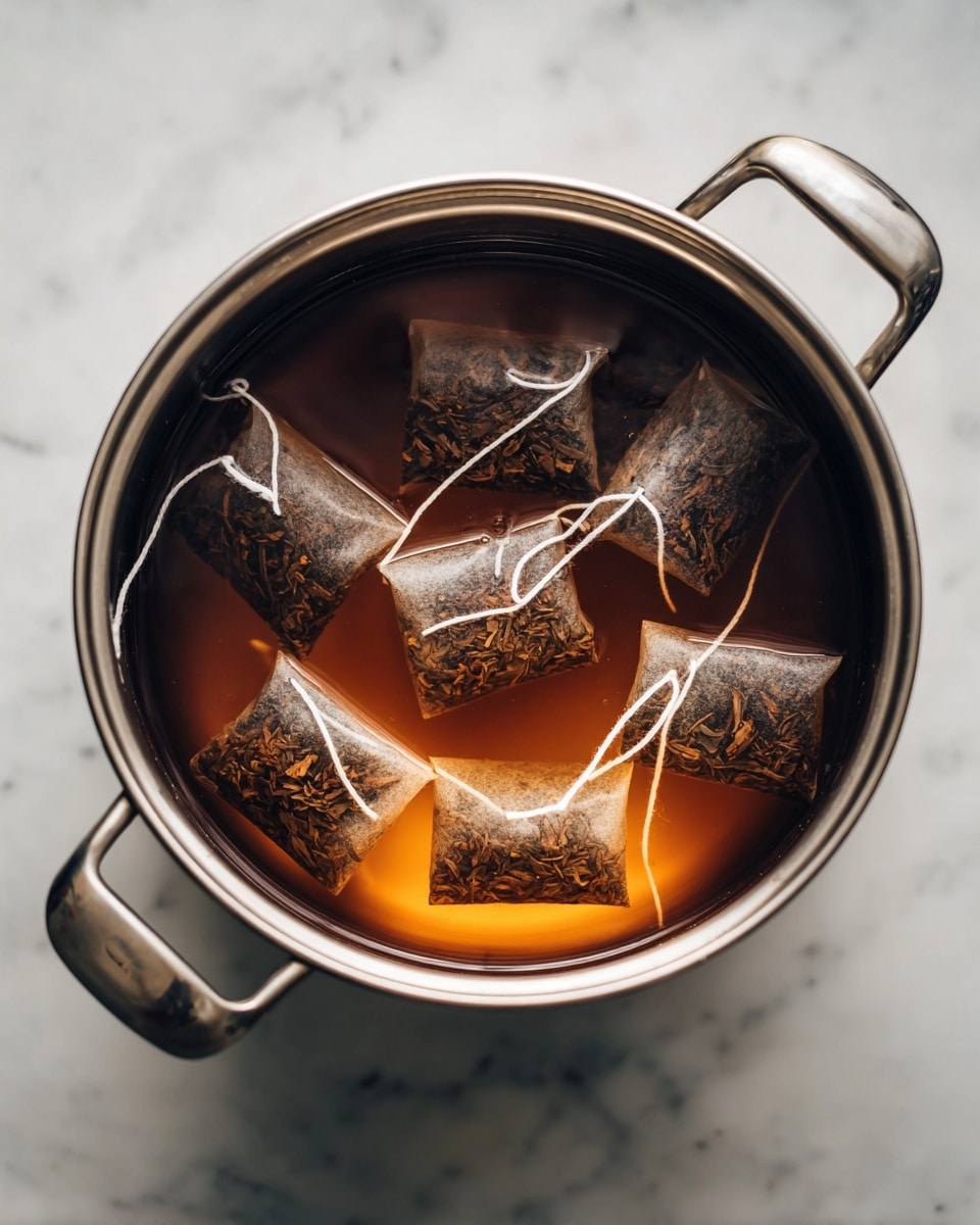 A metal pot filled with light brown tea liquid holds seven tea bags steeping inside. The tea bags are rectangular with dark brown wet tea leaves inside and white strings hanging over the pot's edge. The pot is placed on a white marbled surface that shines softly from the light. photo taken with an iphone --ar 4:5 --v 7