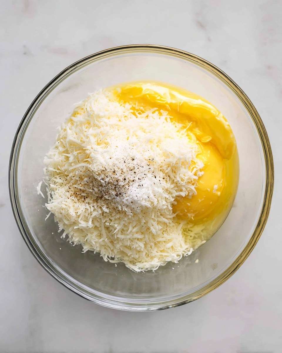 A clear glass bowl sits on a white marbled surface, filled with three main layers: a large portion of melted yellow butter that looks smooth and shiny, a heap of finely grated white cheese piled thickly on one side, and a few specks of black pepper and white salt scattered on top near the cheese and butter. The ingredients are laid side by side without mixing, showing clear texture differences between the shiny butter, fluffy cheese, and granulated spices. photo taken with an iphone --ar 4:5 --v 7