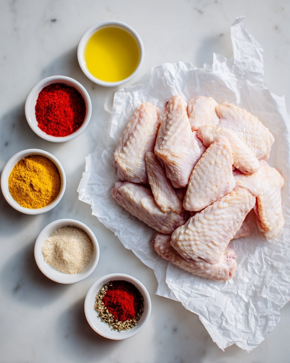 The image shows a pile of raw chicken wings with pale pink skin placed on crumpled white parchment paper on the right side. On the left side, there are six small white bowls arranged neatly, each containing a different ingredient: bright red chili powder, golden yellow melted butter, coarse white salt, black pepper with white pepper mixed, light beige garlic powder, and deep red paprika powder. The whole setup rests on a white marbled surface that adds a clean and fresh look to the scene. photo taken with an iphone --ar 4:5 --v 7