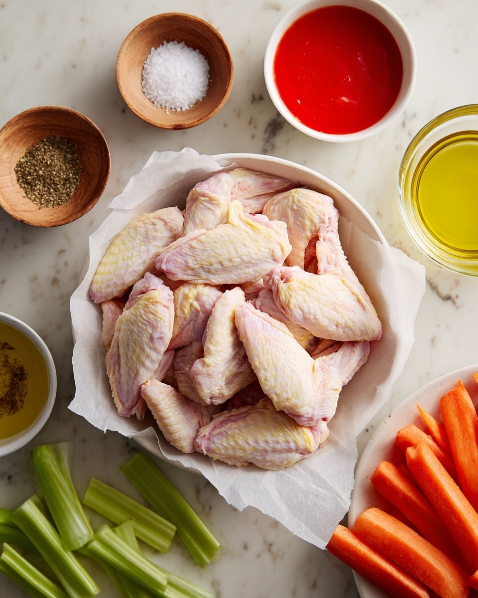 A pile of raw chicken wings with pale pink and light yellow skin sits on white parchment paper in the middle of the image. Around the chicken wings, several small white bowls hold different liquids and spices: a bright red sauce in one, a clear yellow oil in another, and a greenish-yellow melted butter sauce in a third. There are also small wooden bowls containing white salt and mixed spices, plus a glass bowl with a clear liquid. Fresh carrot and celery sticks are placed underneath the bowls on a white marbled surface photo taken with an iphone --ar 4:5 --v 7