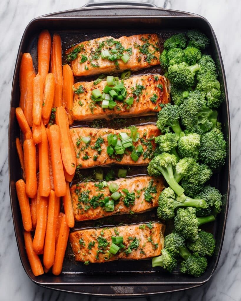 Sheet Pan Salmon Dinner with Broccoli and Carrots Recipe
