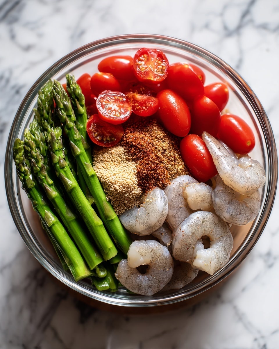 A clear glass bowl sits on a white marbled surface, filled with several fresh ingredients arranged in layers. On one side, bright green asparagus pieces are stacked vertically with a fresh texture, next to a group of halved cherry tomatoes showing a juicy red interior. On the other side, raw shrimp with a pale gray shell are placed in a slight curve. In the center, a mix of light brown and tan spices and seasonings are sprinkled over the ingredients. A clear glass cup is tilted slightly toward the bowl as if pouring. Photo taken with an iphone --ar 4:5 --v 7