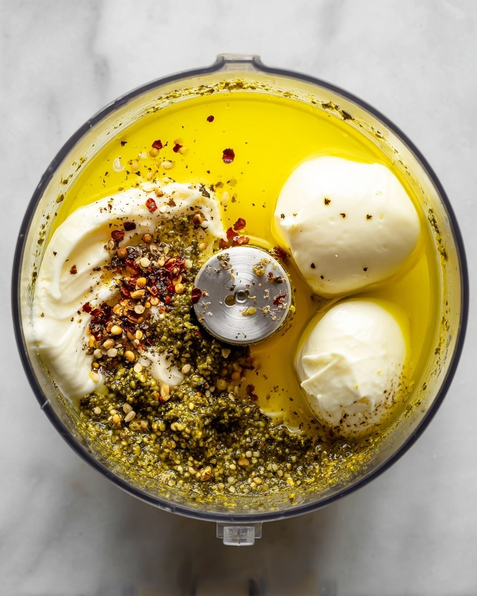 A clear round food processor bowl filled with layers of ingredients: a large pool of bright yellow oil covers the base, two dollops of smooth white mayo sit near the top right, a thick patch of green sauce is on the left side mixed with coarse black pepper and red chili flakes scattered on top, a shiny silver blade is visible in the center with some seasoning stuck to it, all placed on a white marbled surface photo taken with an iphone --ar 4:5 --v 7