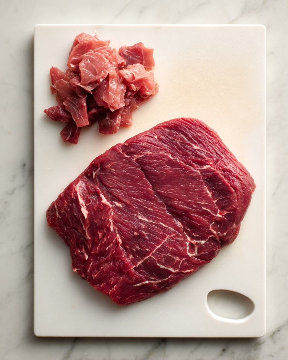 A large piece of raw red beef with thin white fat veins is spread out on a white cutting board. Next to it, there is a small pile of light pink trimmed fat. The fibers and texture of the meat are clearly visible, showing some marbling and natural grain. The white cutting board sits on a white marbled surface photo taken with an iphone --ar 4:5 --v 7