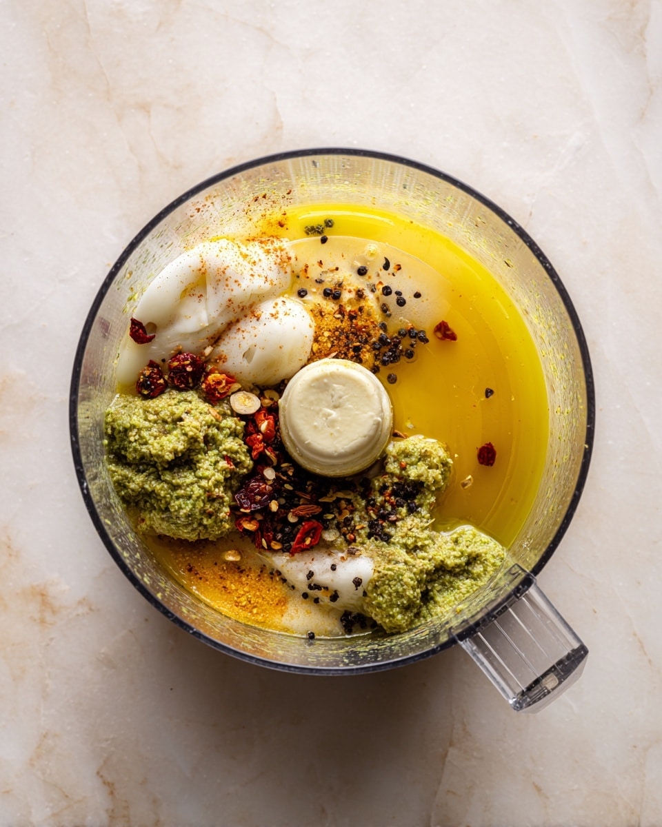 The clear bowl of a food processor sits on a white marbled surface, filled with several layers of ingredients. At the bottom, there is a large pool of golden yellow oil. On top, there are small dollops of white creamy substance placed near the edge. One side has a small mound of green mixture with a slightly chunky texture. Scattered over the layers are coarse black pepper, red chili flakes, and some other seasonings in dark and light colors, adding a speckled effect across the surface. The sharp metal blade is visible resting inside the bowl, partially covered by the ingredients. photo taken with an iphone --ar 4:5 --v 7