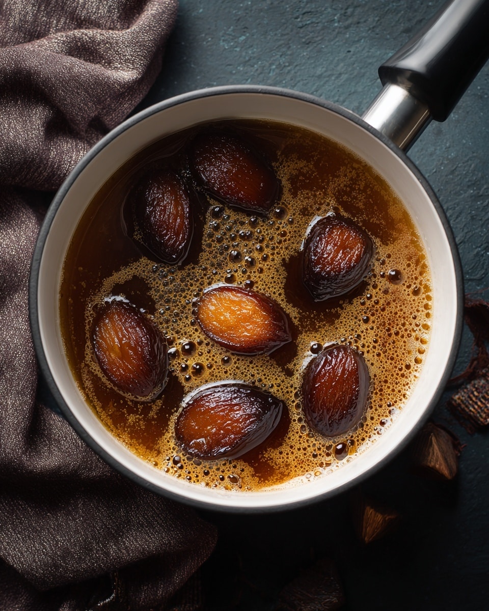 A white pot with a black and silver handle contains seven pieces of dark brown caramelized fruit simmering in a golden-brown syrup with bubbles and foam on the surface. The pot is set on a dark surface with small fabric swatches visible to the side. The pot’s interior is white, showing the rich contrast of the syrup and fruit inside. photo taken with an iphone --ar 4:5 --v 7