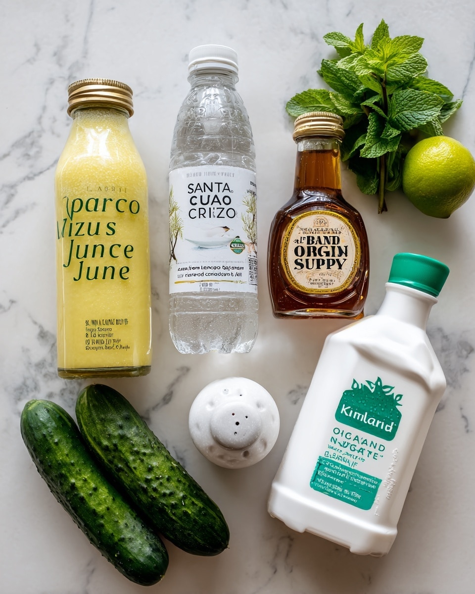 The image shows a white marbled surface with a bottle of clear sparkling water with a white cap at the center back. To its left is a bottle of yellowish lime juice with a green cap and a label reading