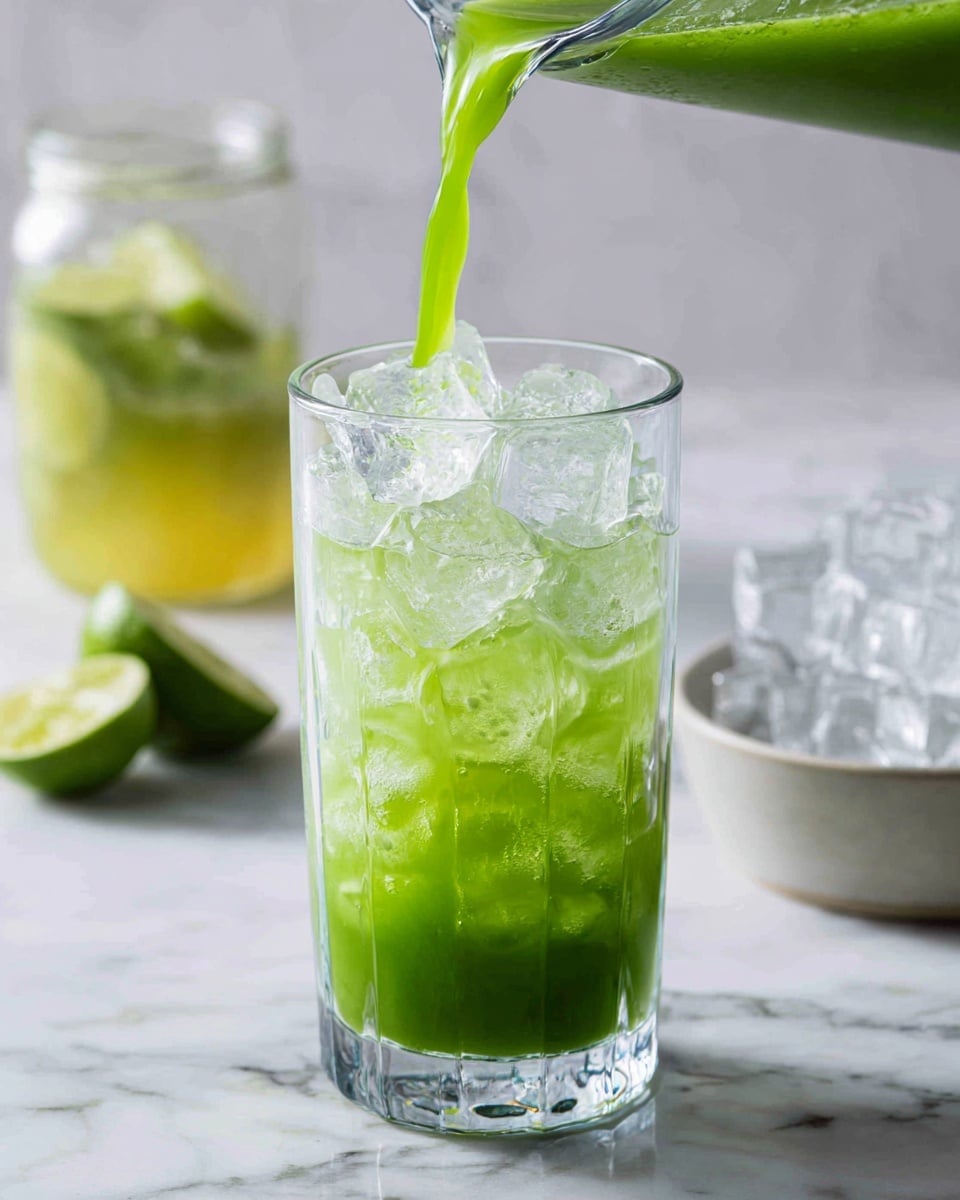 A clear tall glass filled with many ice cubes is being poured with a bright green liquid from a blender. The green drink flows in a smooth stream, mixing with the ice inside the glass. Behind the glass, on a white marbled surface, there is another clear glass filled with ice cubes and a blurred jar with a yellow liquid along with some lime wedges. The scene is bright and clean, focusing on the fresh and cool green drink. photo taken with an iphone --ar 4:5 --v 7