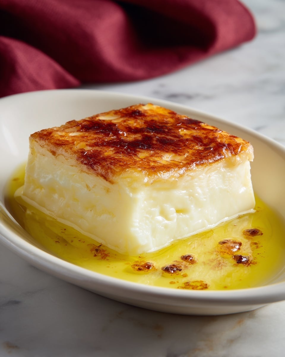 A white oval plate holds one thick square block of baked cheese with a smooth, slightly cracked top layer that is creamy white with golden brown edges. Around the cheese, there is a pool of shiny yellow oil with a few browned and crisped spots near the edges of the cheese. The background is a white marbled surface with a folded dark red cloth partially visible on the left side. Photo taken with an iphone --ar 4:5 --v 7
