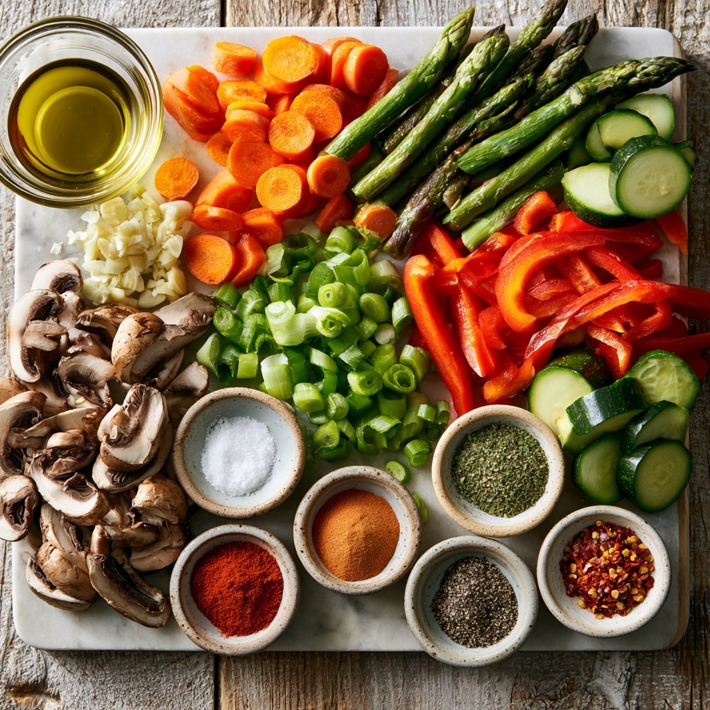 The image shows six separate piles of fresh, chopped vegetables arranged neatly on a white cutting board set on a white marbled surface. At the top left is a pile of red bell pepper strips, right beside it on the right is a pile of quartered zucchini slices showing green skin and pale yellow inside. Below the red peppers is a pile of sliced brown mushrooms with light and dark brown shades. At the bottom left is a pile of round, bright orange carrot slices. To the right of the carrots is an arrangement of chopped green asparagus stalks and spears. At the bottom right, there is a small pile of sliced green onions. The vegetables all have clean, distinct edges and fresh textures. Photo taken with an iphone --ar 4:5 --v 7