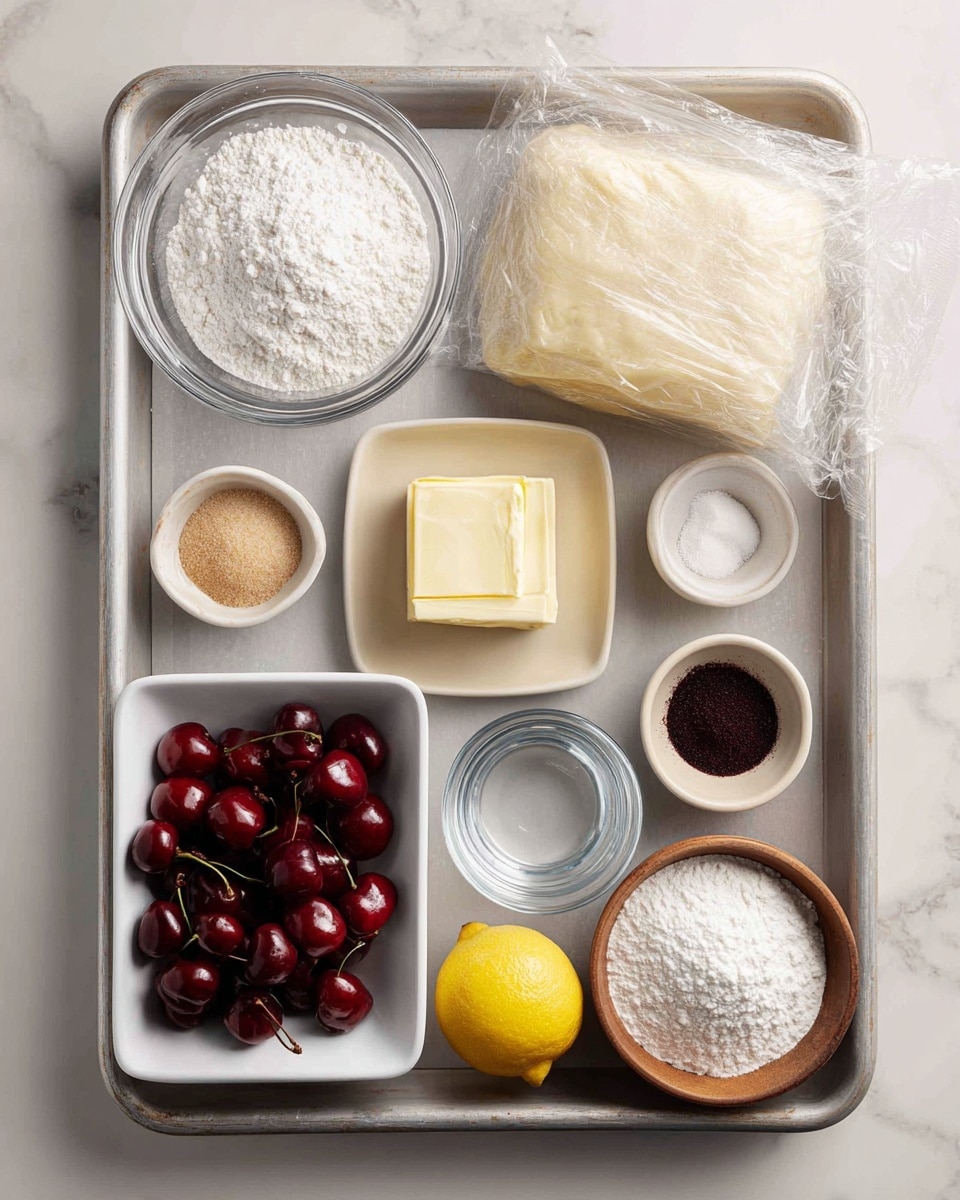 A metal baking tray holds various baking ingredients arranged neatly on a white marbled texture. At the top right corner, there is a large piece of dough wrapped in clear plastic. To the left, a small glass bowl filled with white flour sits next to a small white bowl containing light brown sugar. Below the flour, a small beige plate holds a square of butter. In the center right, a small white bowl contains dark brown sugar. A light brown wooden bowl near the bottom right is filled with fine white sugar. A small clear glass bowl of water and a single brown egg are placed near the middle. At the bottom left, a white square bowl is full of bright red cherries with stems, and to the far right, a halved lemon and a small bowl of salt complete the light, fresh arrangement. photo taken with an iphone --ar 4:5 --v 7