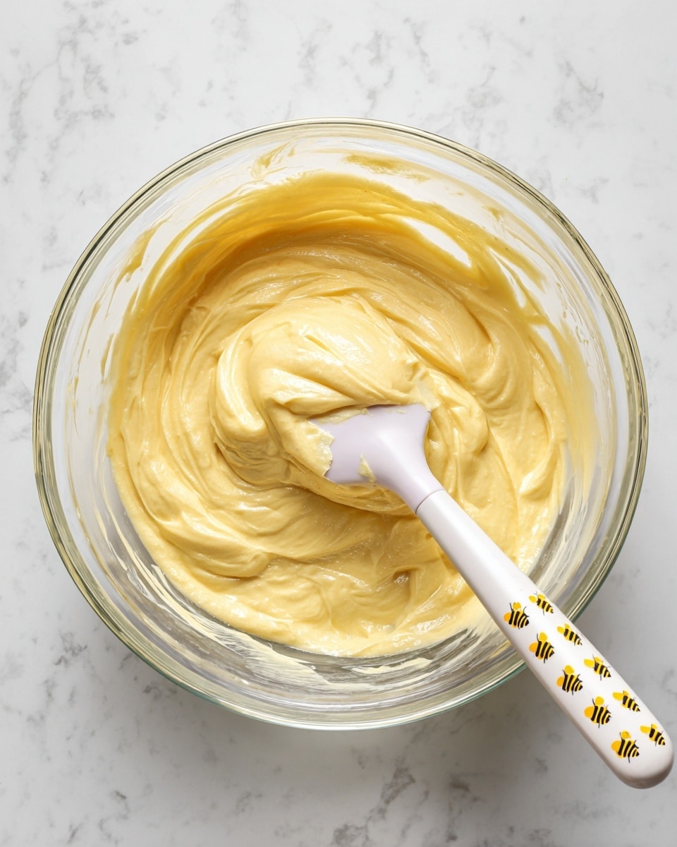 A clear glass bowl holds a thick, creamy batter with a smooth, light yellow color. A white spatula with a yellow and black bee pattern on the silicone part rests inside, partially covered with the batter. The background is a white marbled surface. Photo taken with an iphone --ar 4:5 --v 7