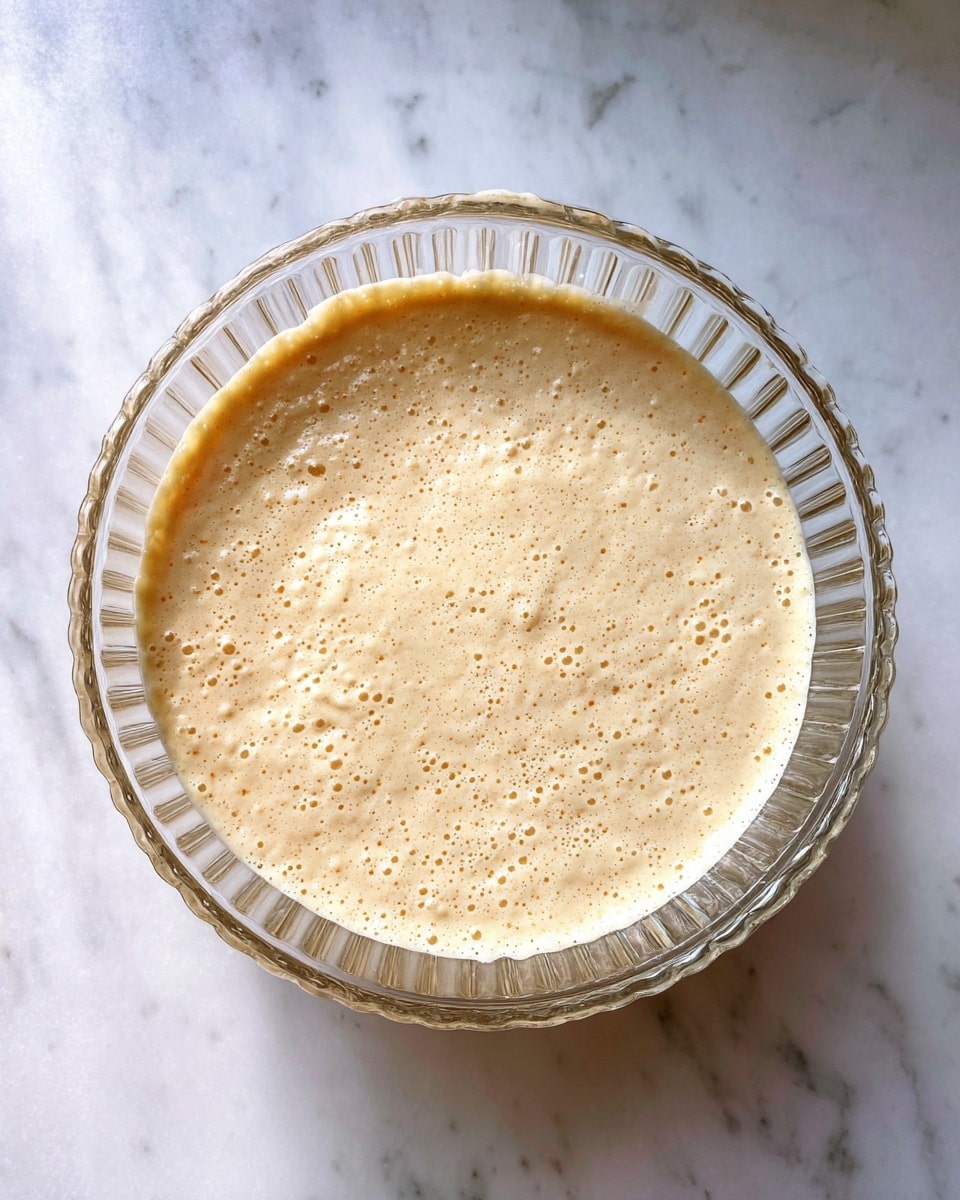 A clear glass bowl placed on a white marbled surface holds a smooth, light beige batter with small bubbles and slight texture variations on the surface. The bowl’s edges are visible, showing its round, ribbed design. The batter fills the bowl about halfway, and the lighting highlights the creamy but slightly grainy texture. photo taken with an iphone --ar 4:5 --v 7
