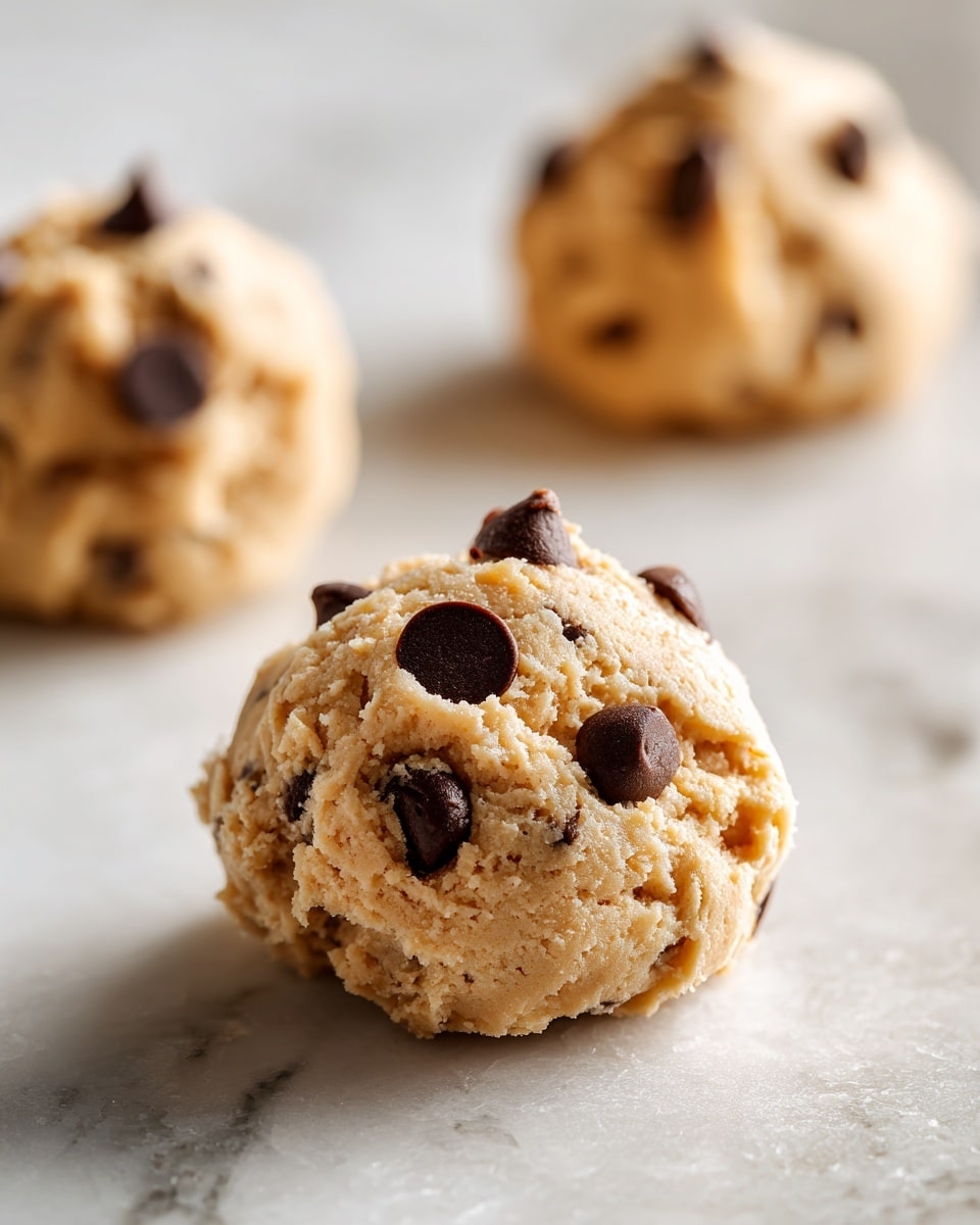The image shows one close-up mound of cookie dough with chocolate chips spread on top. The dough is light brown with a slightly rough texture and small dark specks inside. There are three visible dark brown chocolate chips embedded on the surface, giving a contrast in color and smooth texture. Behind it, two more mounds of cookie dough are slightly blurred, placed on a white marbled textured surface. The scene is bright and clear, focusing on the central cookie dough mound, which appears soft and freshly scooped. Photo taken with an iphone --ar 4:5 --v 7