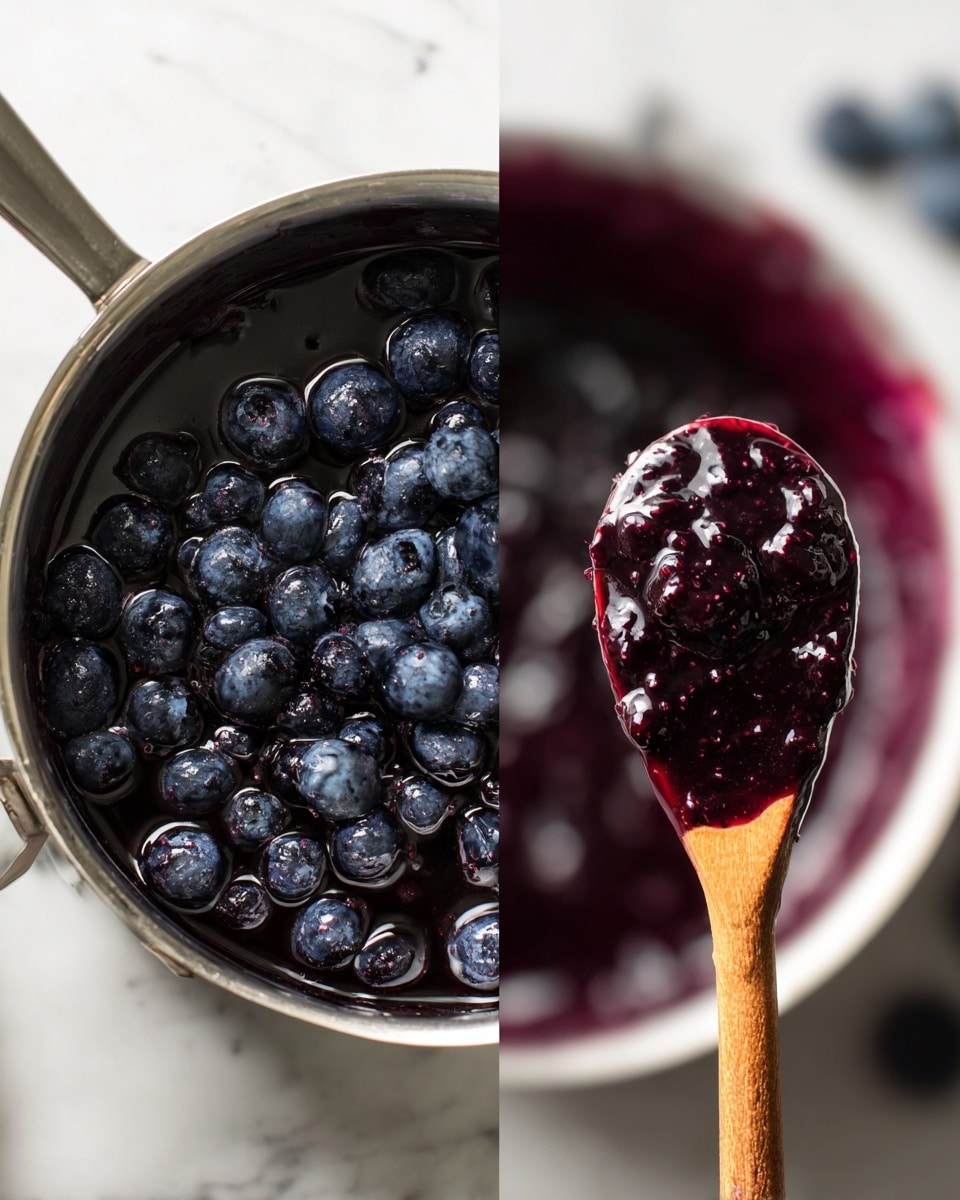 The image shows two close-up views of fresh blueberry jam being made in a silver pot. On the left, the pot is full of whole dark blue and purple blueberries sitting in a thick, syrupy dark liquid with some small bits and stems visible. On the right, a wooden spoon lifts a shiny spoonful of thick, dark purple jam with visible soft berries clumped together, the background softly blurred but showing more jam swirling in the pot. The pot sits on a white marbled surface photo taken with an iphone --ar 4:5 --v 7