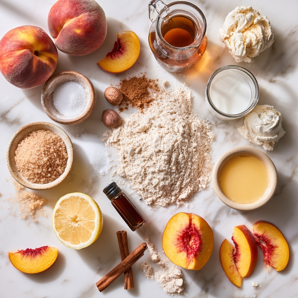 The image shows four white oval dishes each filled with a different stage of making a fruit cobbler, placed on a white marbled surface. The top left dish is filled with many pale yellow peach slices layered evenly, showing smooth and soft textures. The top right dish also has peach slices but they are coated in a shiny, cinnamon-brown spice mixture giving the fruit a darker, sticky look. The bottom left dish shows the same spiced peach slices, now topped with dollops of rough, light beige biscuit dough unevenly spread across the surface. The bottom right dish reveals the cobbler after baking; the biscuit dough has risen and turned golden brown with a textured cinnamon sugar topping, partially covering the warm, caramelized peach filling underneath. Photo taken with an iphone --ar 4:5 --v 7