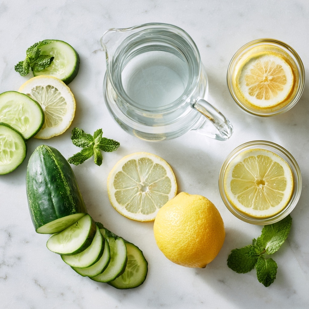 A tall clear glass pitcher sits on a white marbled surface, containing three layers of ingredients at the bottom: bright yellow lemon slices on the base, dark green cucumber slices above them, and fresh green mint leaves tucked beside the cucumber. The glass and ingredients catch soft light, showing the fresh texture of the lemon rind, cucumber skin, and mint leaves clearly, with the empty space above creating a clean and simple look photo taken with an iphone --ar 4:5 --v 7