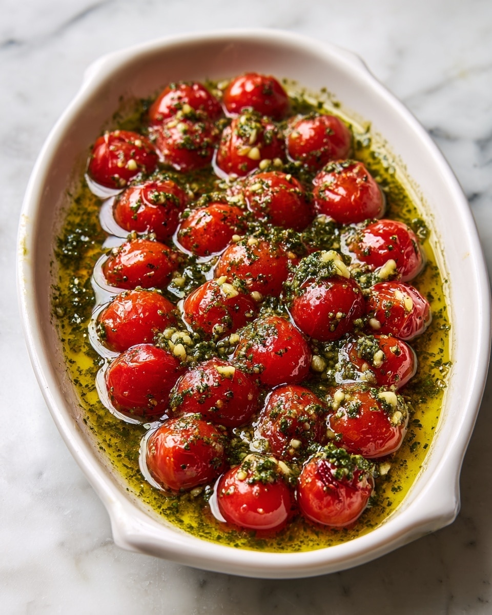 An oval white ceramic dish filled with two layers: the bottom layer is a greenish, chunky pesto sauce with visible bits of garlic and herbs, spread thinly across the dish. On top, there is a single layer of glossy red cherry tomatoes evenly spaced, coated with a shiny, oily dressing that reflects light, some with tiny bits of garlic and herbs stuck on them. The dish sits on a white marbled surface photo taken with an iphone --ar 4:5 --v 7