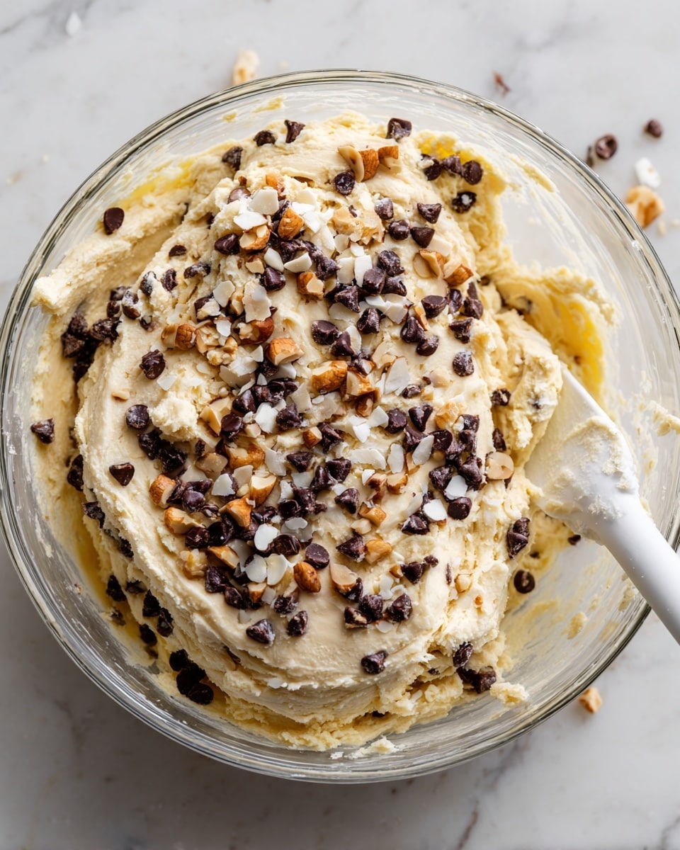 A clear glass bowl filled with thick dough that is pale yellow in color, layered with a generous amount of small dark brown chocolate chips spread over the dough, and scattered chopped light brown nuts with white bits mixed in, all sitting on a white marbled surface. The texture of the dough is soft and slightly crumbly, and a white spatula is visible on the right side partially covered with dough, photo taken with an iphone --ar 4:5 --v 7