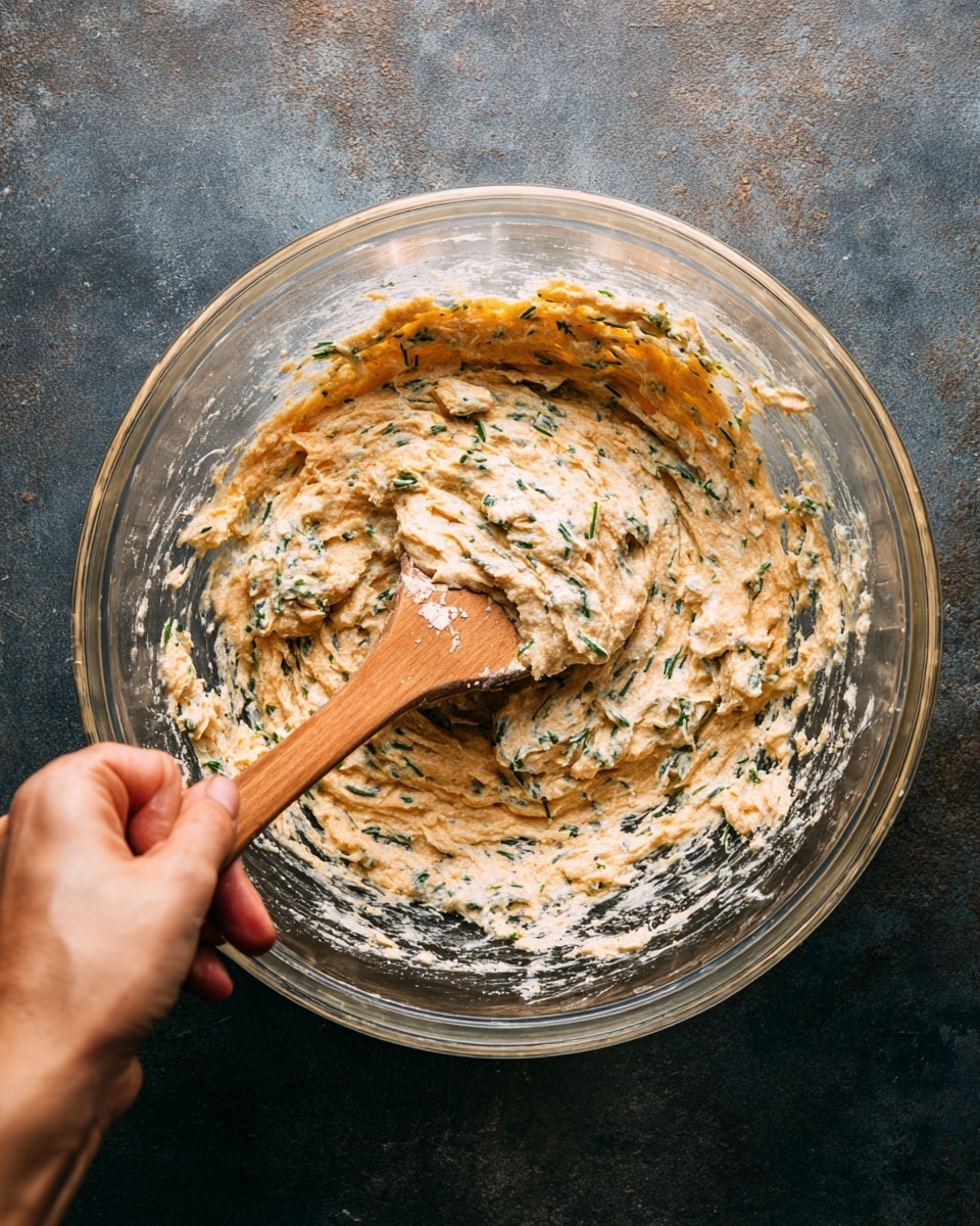 A large clear glass bowl sits on a rough dark ground surface, filled with a thick, creamy mixture that has a pale orange and light tan base with small green herb pieces evenly spread throughout. A wooden spoon held by a woman's hand mixes the textured blend, which looks soft with some chunks and a slightly oily sheen on top. The bowl edges show bits of the mixture stuck around, giving a fresh, homemade feel. photo taken with an iphone --ar 4:5 --v 7