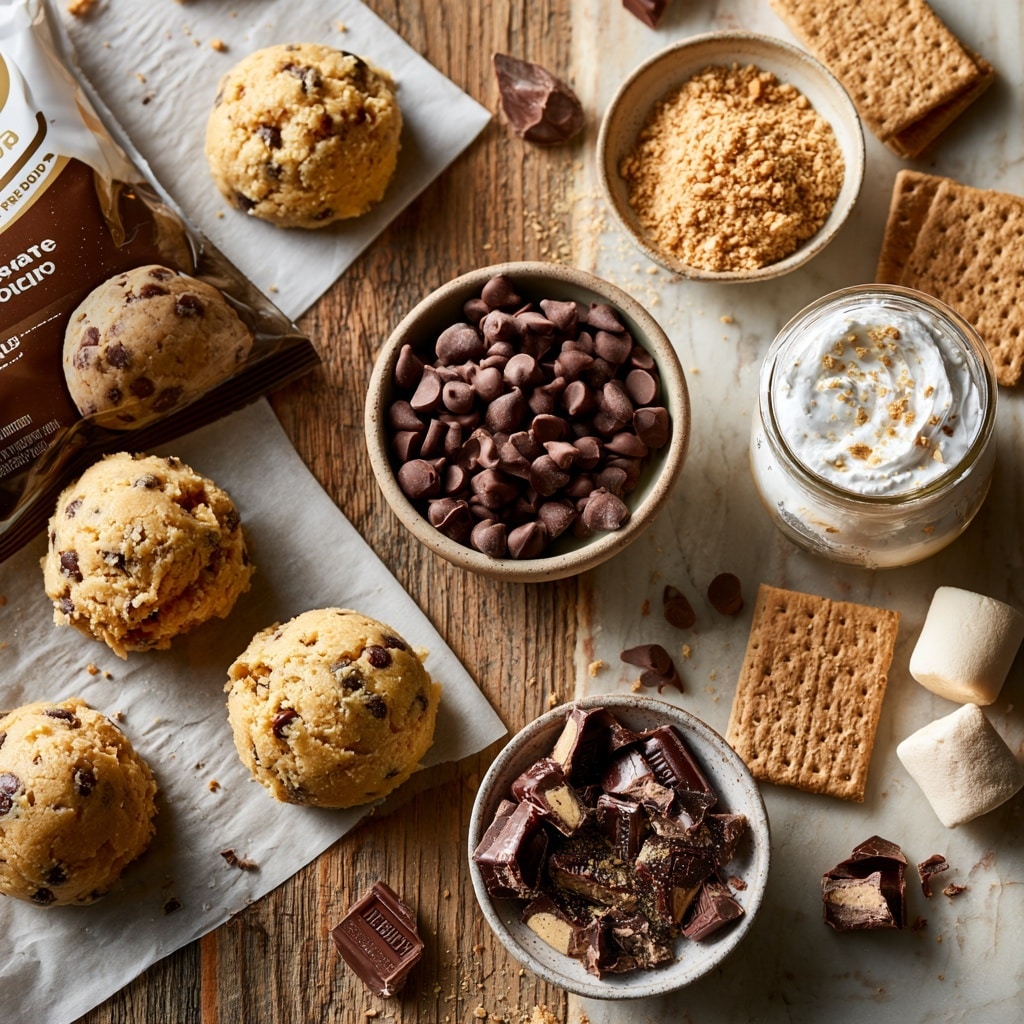 The image shows a white square baking dish filled with two layers. The bottom layer is dark brown and looks like small chocolate pieces or chips, while the top layer is made of crushed light brown or golden crackers spread evenly. On the right side, the same dish has a thick, smooth, and fluffy white layer placed on top of the cracker and chocolate mix, covering most of the surface. The dish sits on a white marbled surface. photo taken with an iphone --ar 4:5 --v 7