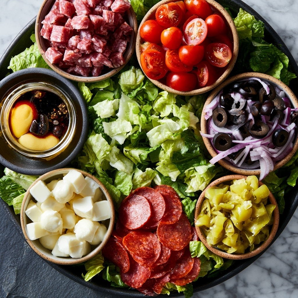 The image shows a white bowl filled with seven different ingredients arranged in separate sections. Starting from the top left, there are black sliced olives with a shiny texture. Next to it on the top right are small white mozzarella balls, followed by bright green pepper pieces with a slightly wet look. Moving down, light pink strips of deli meat sit beside the peppers. At the bottom right, more white mozzarella balls cluster closely. At the bottom center are bright red chopped tomatoes with a juicy texture, next to them thin slices of purple onion lay to the left. Above the onions, slices of dark red pepperoni fill the last space, all placed on a white marbled background. photo taken with an iphone --ar 4:5 --v 7