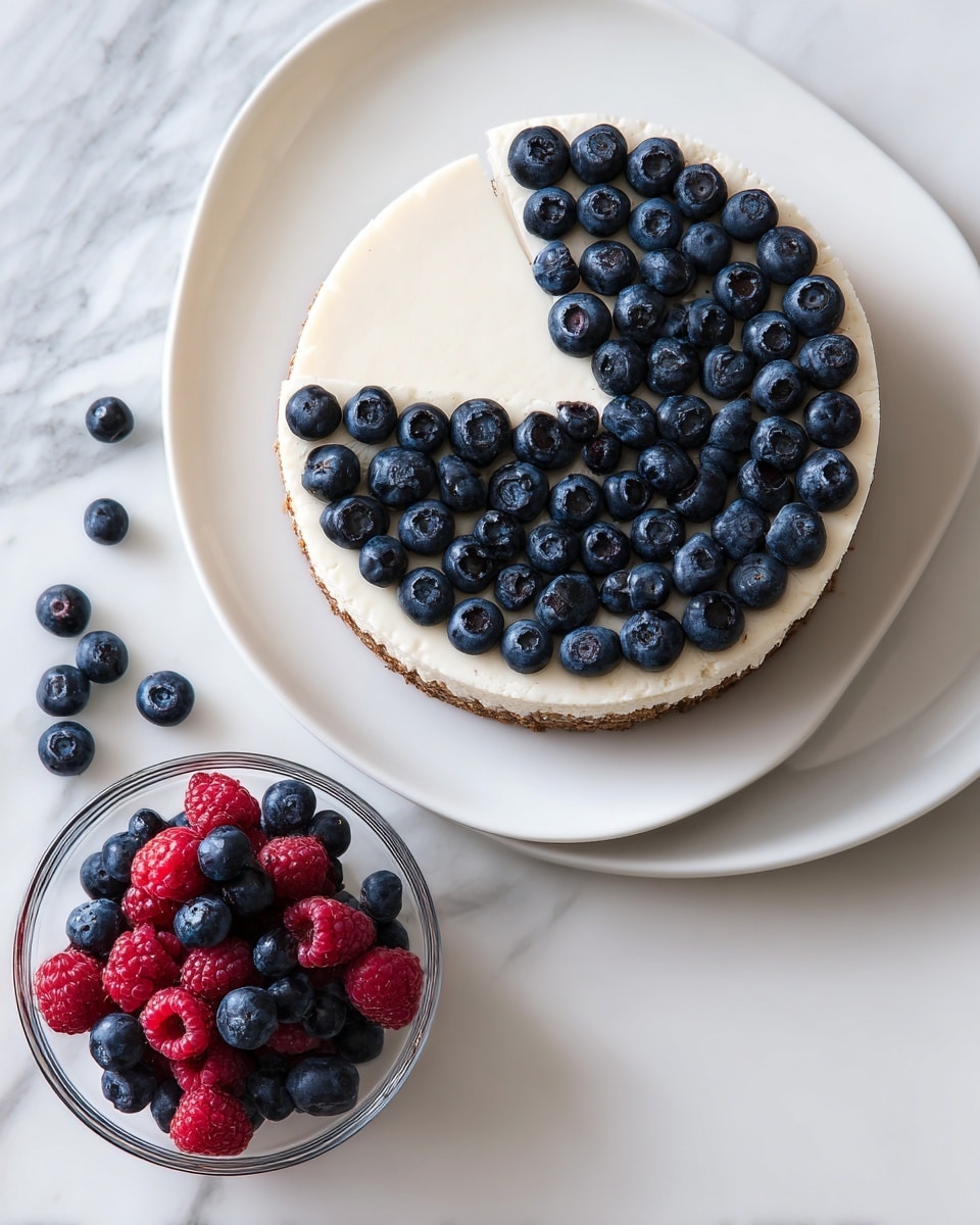 A round dessert on a white plate with a smooth, creamy white top layer. The outer edge is decorated with a single circle of dark blue blueberries. A triangular section near the edge is filled with tightly packed blueberries, creating a dark blue textured patch. Next to the plate, there is a small glass bowl on a white marbled surface, filled with blueberries and red raspberries, with a few blueberries scattered nearby. The photo taken with an iphone --ar 4:5 --v 7