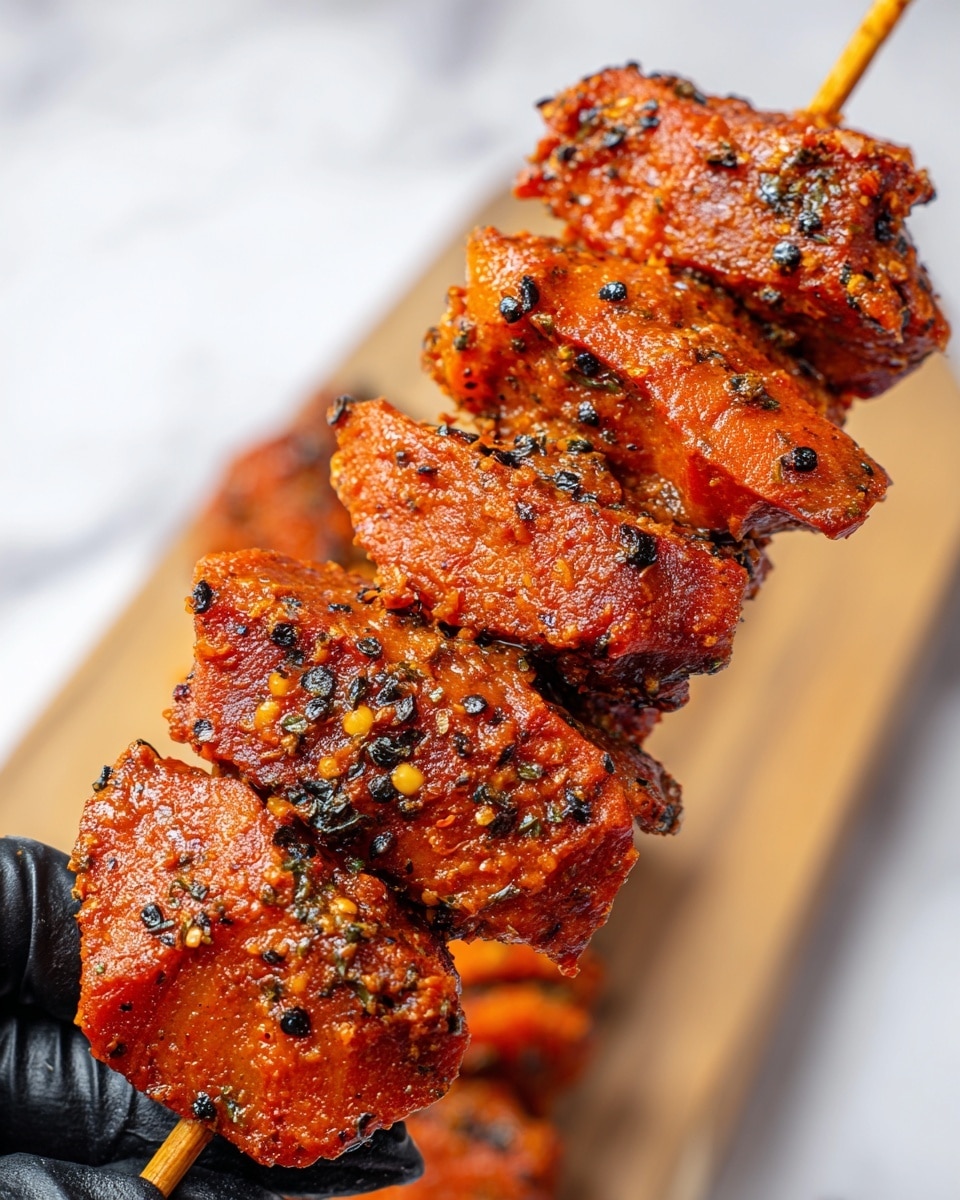 The image shows a close-up of five pieces of marinated meat threaded onto a wooden skewer, held by a woman's hand wearing a black glove. Each piece is thick and uneven, with a reddish-orange spice coating that looks slightly oily and textured with black pepper flakes and small seasoning bits. The meat pieces are packed closely together along the skewer, with visible char marks and some folds in their surface, giving a rough and juicy appearance. The background is a white marbled surface. photo taken with an iphone --ar 4:5 --v 7