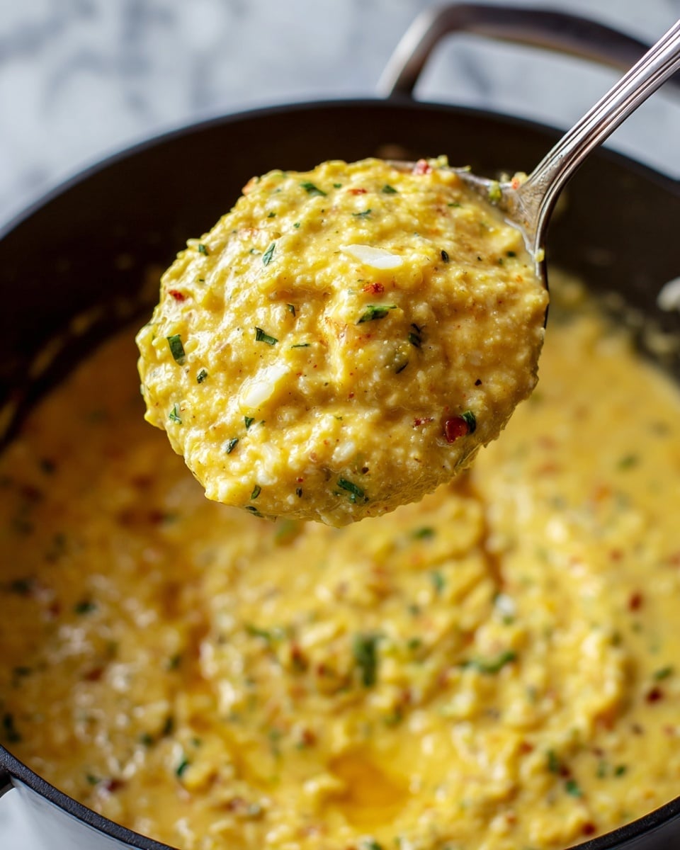 A close-up view of a spoon holding a thick, chunky yellow mixture with small green herb pieces and tiny red bits, showing a creamy texture with some white soft chunks. The spoon is lifting this mixture out of a large black pot filled with more of the same yellow mixture, which has a wet, slightly oily surface. The background shows part of a white marbled countertop. photo taken with an iphone --ar 4:5 --v 7