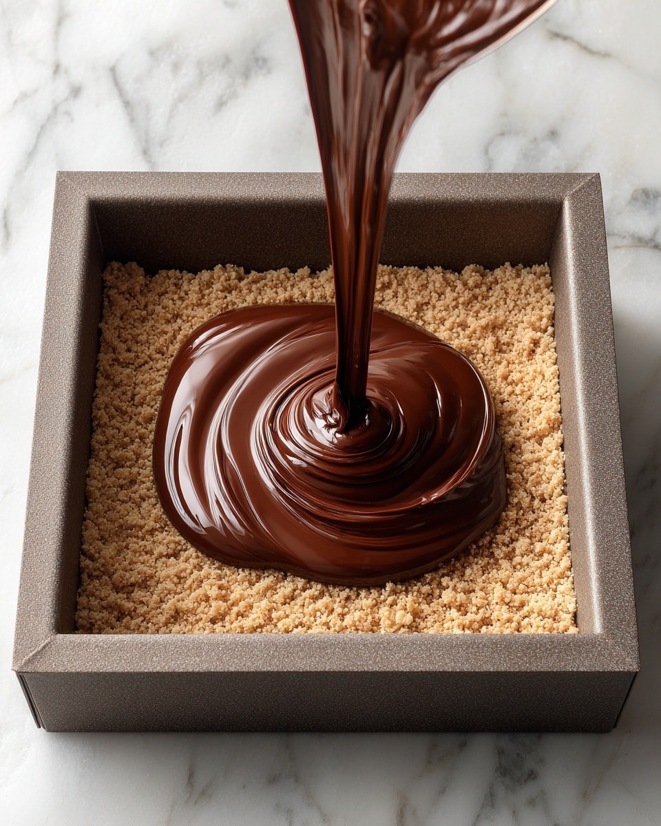 A thick, smooth dark brown chocolate layer is being poured in a swirl pattern onto a textured light brown crumb crust that is pressed flat inside a gray rectangular pan. The crumb layer is even and slightly rough, covering the whole bottom of the pan. The background surface is a white marbled texture. photo taken with an iphone --ar 4:5 --v 7