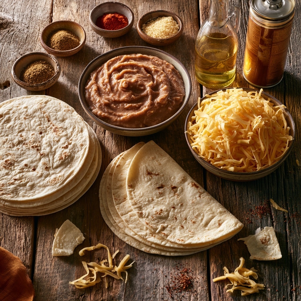The image shows two white tortillas placed on a white marbled surface. The one on the left has one layer of smooth, light orange spread evenly covering the tortilla. The one on the right has two layers: the same light orange spread as the first tortilla as the base layer, topped with a generous even layer of shredded white and orange cheese mixed together, covering the whole surface of the tortilla. Photo taken with an iphone --ar 4:5 --v 7