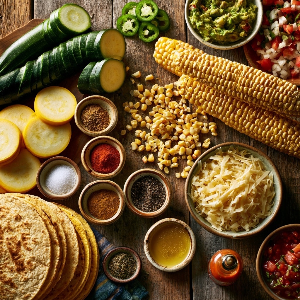 The image is divided into four sections showing different stages of vegetable preparation. The top left shows thin slices of yellow and green zucchini arranged loosely on a wooden cutting board. The top right features yellow corn kernels scattered on another wooden cutting board. The bottom left part displays cooked zucchini slices and corn kernels mixed together in a white pot with some brown seasoning visible. The bottom right section shows four plain round white tortillas laid flat on a white marbled surface. Photo taken with an iphone --ar 4:5 --v 7