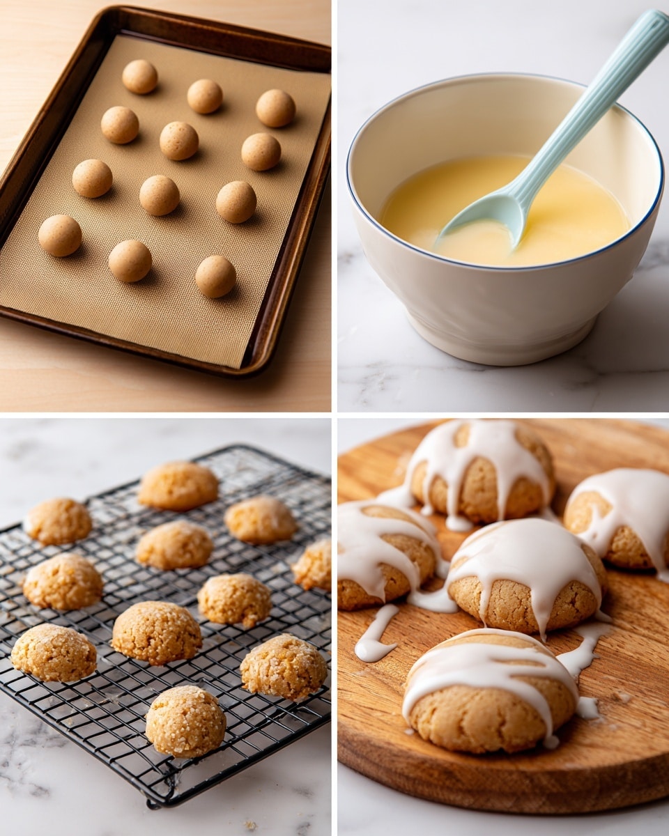 The image shows four parts: the first part has small light brown cookie dough balls spaced on a baking tray lined with parchment paper; the second part shows golden-brown baked cookies on a black cooling rack arranged close together in rows; the third part displays a white bowl with light yellow glaze and a light blue spoon inside, the glaze has a smooth texture with small bits; the last part presents five cookies on a round wooden board, each covered with a thin layer of white glaze with some drips on the sides, all on a white marbled surface photo taken with an iphone --ar 4:5 --v 7