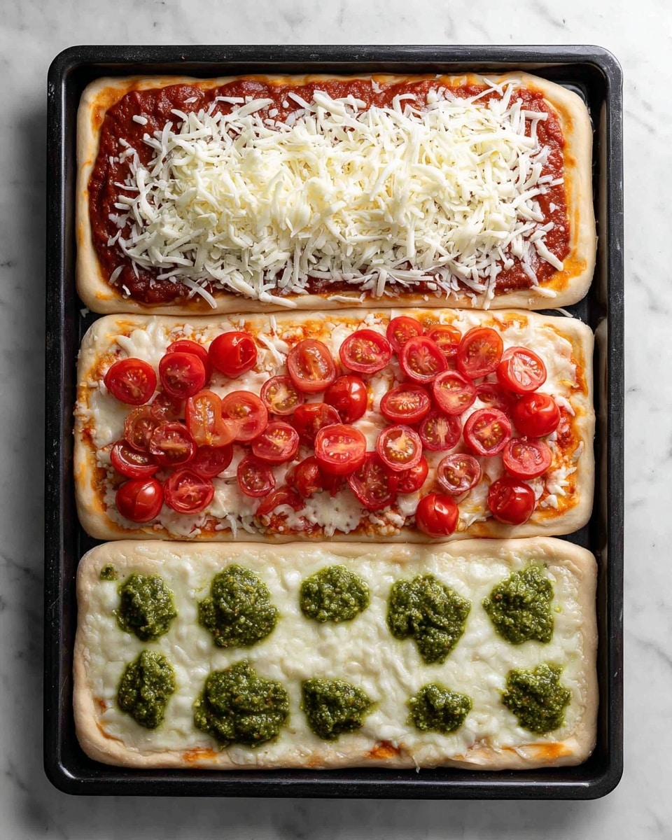The image shows a four-step view of a rectangular pizza being made on a black baking tray. The first layer is a thick reddish-brown tomato sauce spread evenly on a light golden pizza crust, which is slightly puffed and crispy on the edges. The second layer adds a generous amount of shredded white cheese scattered all over the sauce. In the third layer, halved bright red cherry tomatoes are placed evenly on top of the cheese, adding vibrant color. The final layer consists of dollops of green pesto sauce distributed across the pizza, contrasting with the red tomatoes and white cheese. The background surface is a white marbled texture. photo taken with an iphone --ar 4:5 --v 7