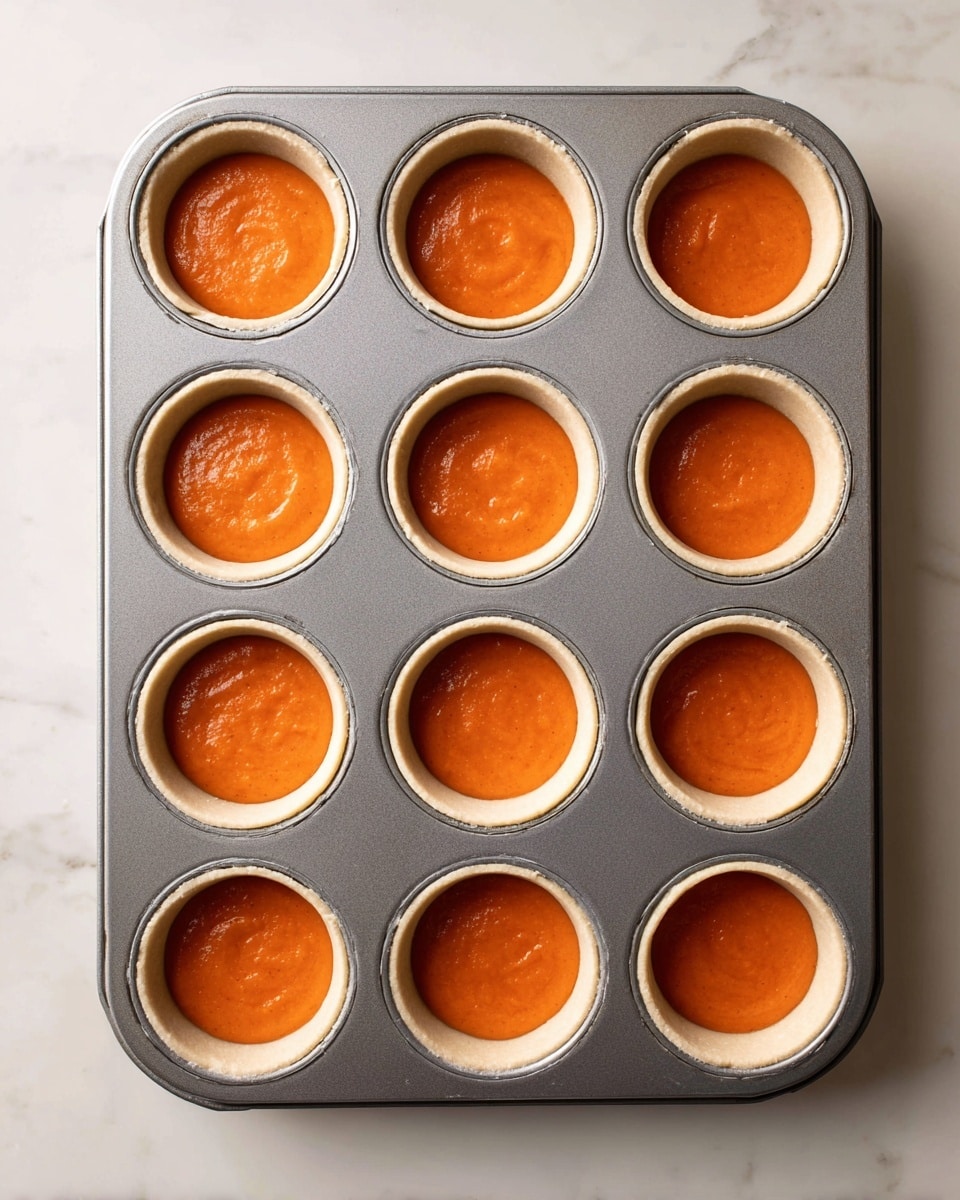 A metal muffin tray holds twelve round dough cups, each filled with smooth, thick orange batter that fills most of the cup. The dough forms a pale ring around each cup's edge, while the orange batter sits nicely inside. The tray rests on a white marbled surface, showing slight texture and natural light casting soft shadows around the tray's edges. Photo taken with an iphone --ar 4:5 --v 7