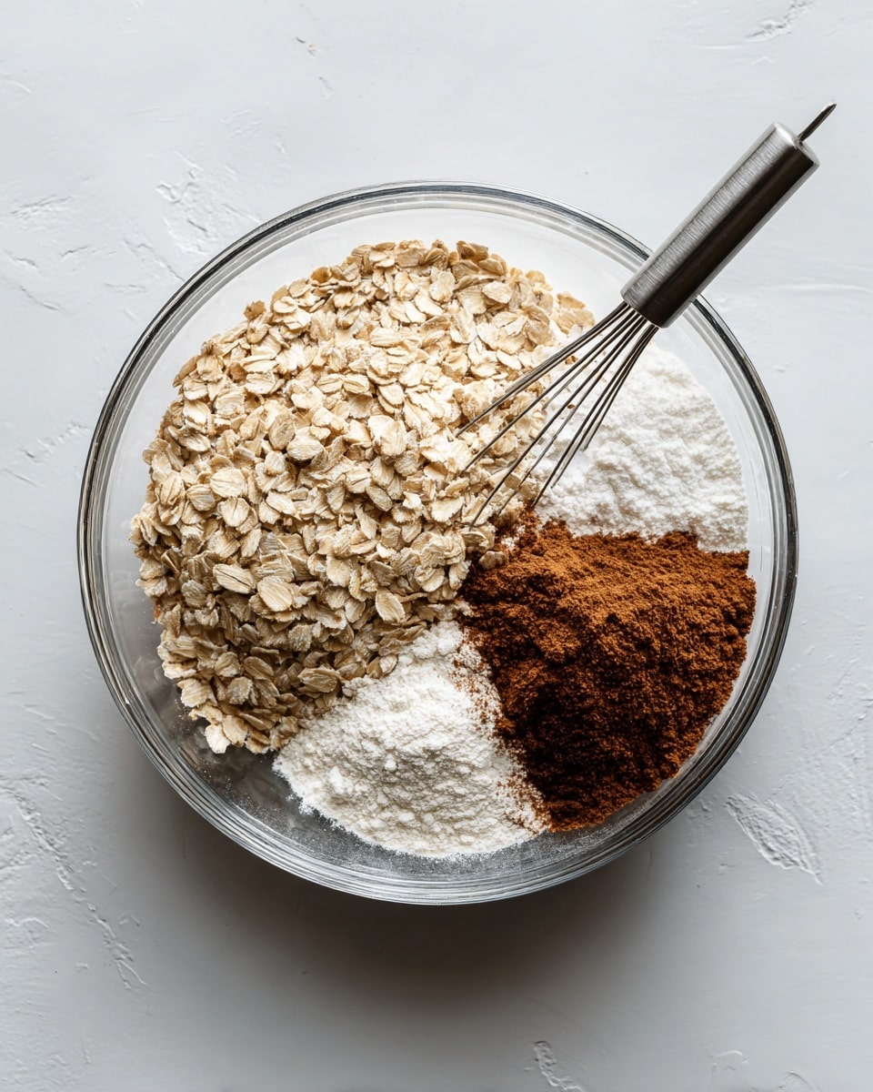 A clear glass bowl sits on a white marbled surface, filled with four separate layers of dry ingredients. The largest portion on the left is light beige rolled oats with a rough texture. To the right are three smaller piles: a bright white powdery flour layer closest to the oats, a smooth and fine white sugar layer just below the flour, and a dark brown cinnamon powder on the top right creating a smooth mound. A metal whisk is partially immersed in the bowl, angled slightly from the top left. Photo taken with an iphone --ar 4:5 --v 7