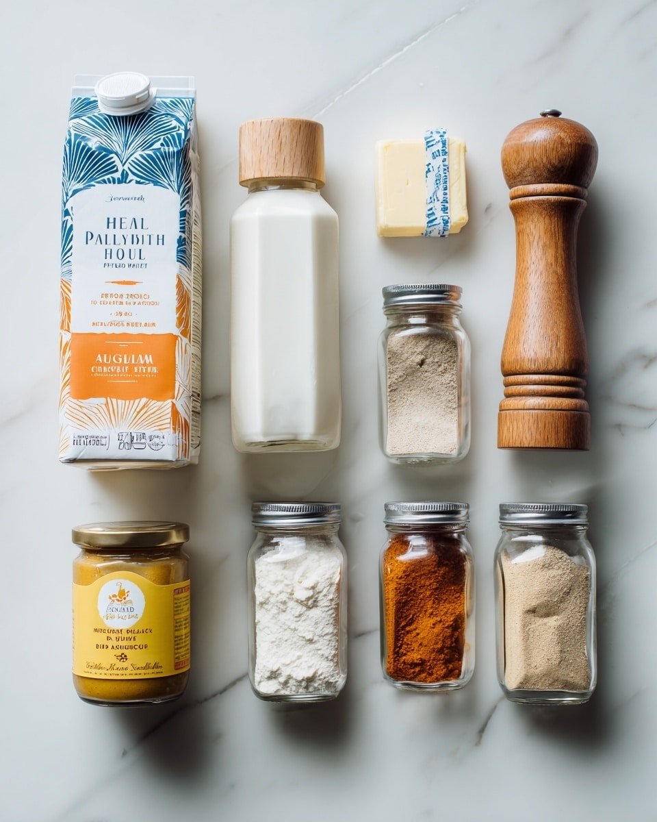 The image shows a neat arrangement of cooking ingredients on a white marbled surface, including a carton of heavy whipping cream on the left, followed by a large rectangular carton of chicken stock with a blue and orange design, a white jar labeled