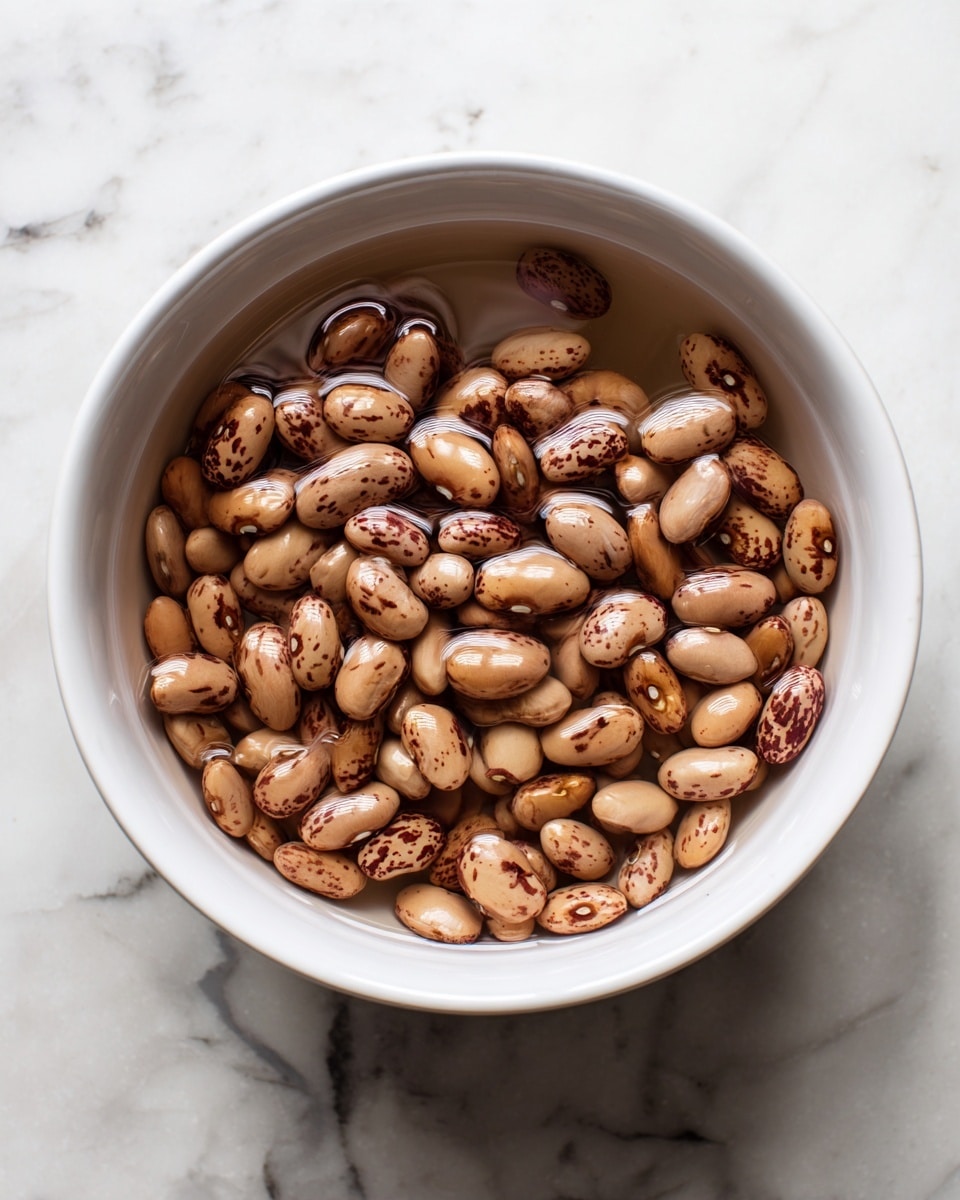 A white bowl filled with many light brown beans with darker brown spots is shown from above. The beans are soaking in clear water that covers them almost to the top of the bowl. The bowl is placed on a white marbled surface. photo taken with an iphone --ar 4:5 --v 7