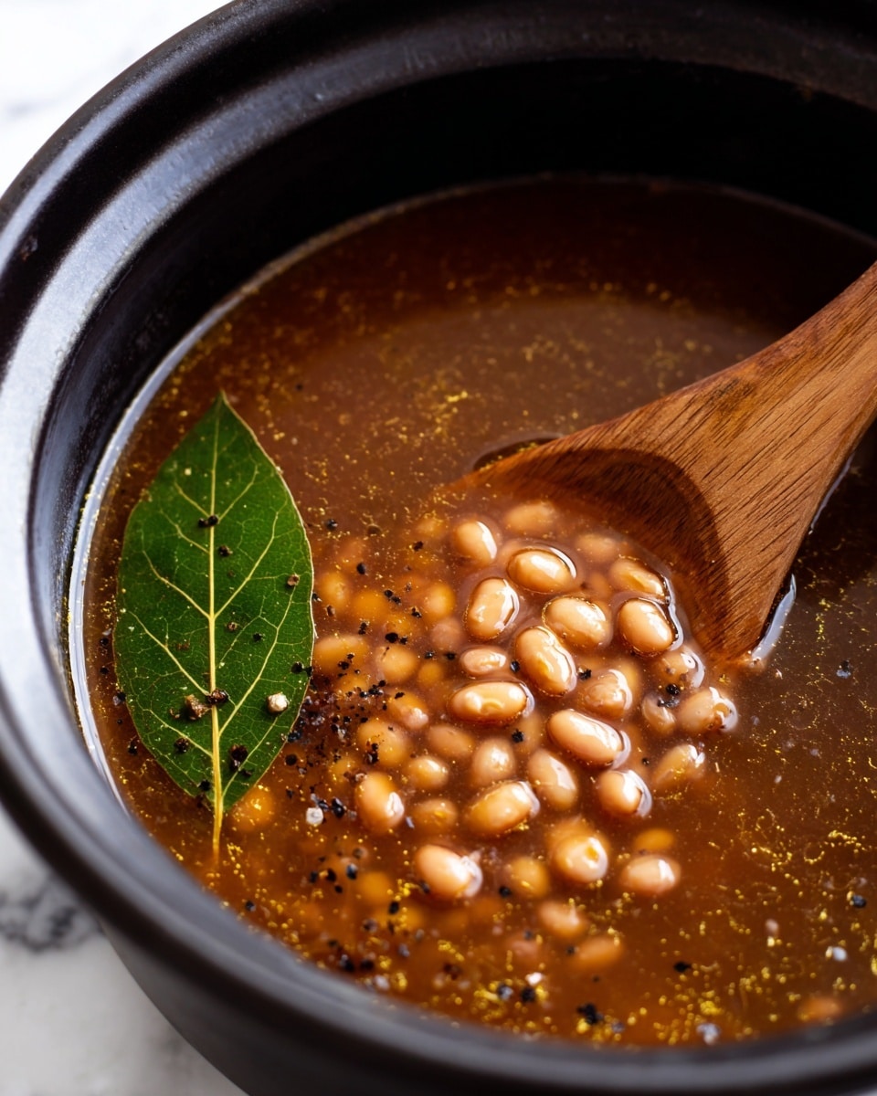 A close-up view inside a black pot filled with brownish soup broth containing small light-brown beans. A single large green bay leaf floats on the surface near the left side. A wooden spoon rests partially submerged on the right side, slightly lifting some beans and broth. The broth has a glossy texture with visible oil droplets and specks of black seasoning scattered throughout. The background is a white marbled texture. Photo taken with an iphone --ar 4:5 --v 7