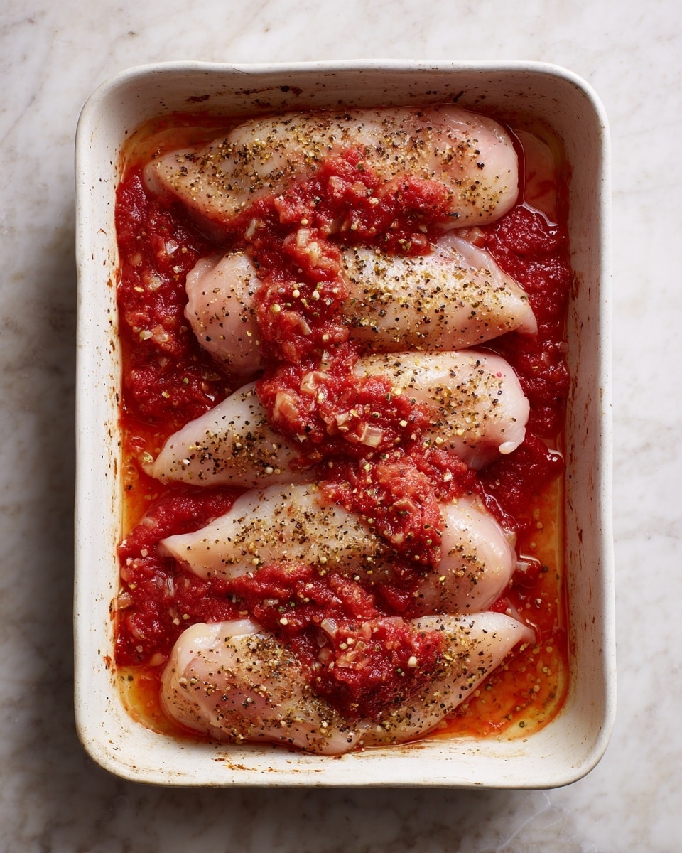 A white rectangular baking dish holds six pieces of raw chicken, each, pale with a light pink hue, sprinkled generously with black pepper and seasoning. The chicken pieces are arranged in two rows, three pieces each, lying flat inside the dish. A thick, chunky red tomato sauce with small onion and pepper bits is spread mostly over the middle row of chicken, creating a bright contrast against the pale chicken and the white baking dish. The dish sits on a white marbled surface, showing some sauce spilled on the edges inside the dish, adding to the rustic look. photo taken with an iphone --ar 4:5 --v 7