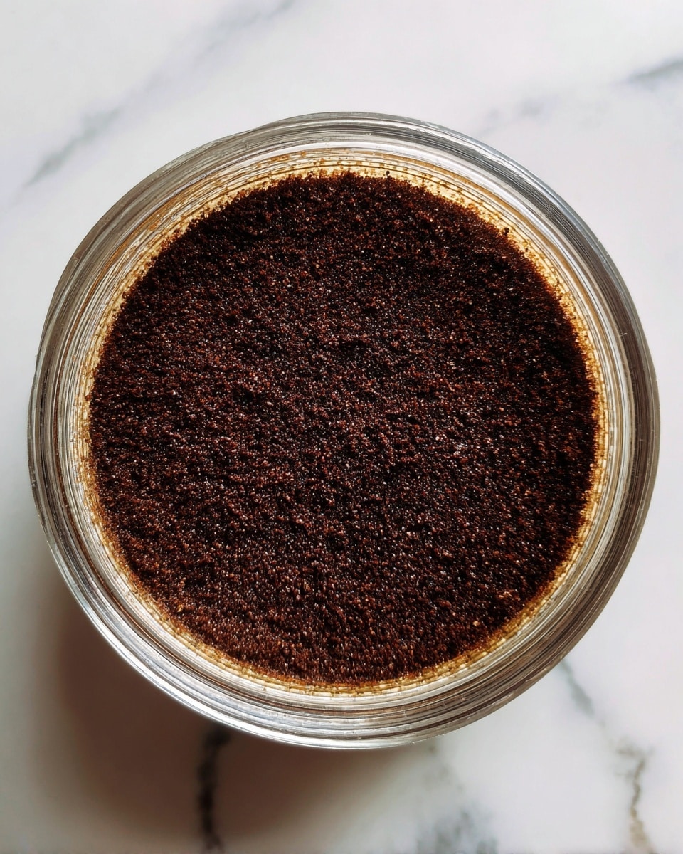 The image shows a close-up top view inside a clear round container filled with dark brown ground coffee. The interior of the container has a warm amber glow with vertical ridges around the sides. The container sits on a white marbled surface with visible lines and subtle cracks. photo taken with an iphone --ar 4:5 --v 7
