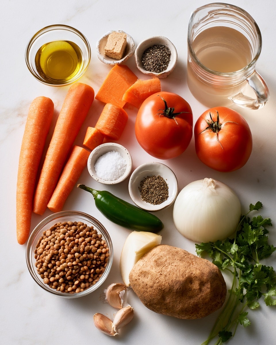 A red pot with a white inside is shown from above, filled mostly with small beige lentils covering the center and upper part. On the lower left, there are small yellow turmeric pieces mixed with small white and light brown cubed vegetables. On the lower right, fresh green cilantro with leafy stems is tied together and placed on top of light brown and white cubed root vegetables. The pot rests on a white marbled surface. photo taken with an iphone --ar 4:5 --v 7