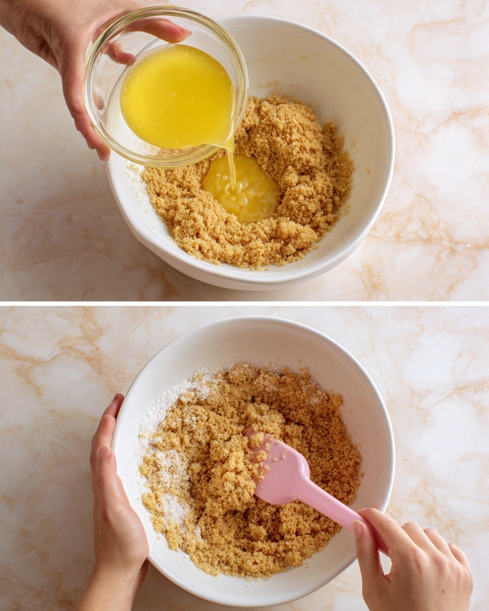 A large white bowl sits on a white marbled surface with a tan crumbly layer filling the bowl in both images. In the first image, a woman's hand holds a small clear glass bowl filled with melted yellow butter being poured onto the crumbs in the larger bowl. In the second image, two woman's hands hold the large bowl and a pink spatula stirring the crumb mixture and melted butter together, showing a wet crumb texture starting to form in the center while some dry crumbs remain at the edges. photo taken with an iphone --ar 4:5 --v 7