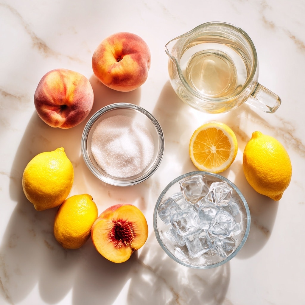 A clear glass filled with light orange juice showing two large peach slices inside, with a fresh green mint sprig on the rim; the glass sits on a wooden board dusted with white sugar crystals, surrounded by whole and sliced peaches on a white marbled surface, with soft natural light and a blurred background. photo taken with an iphone --ar 4:5 --v 7