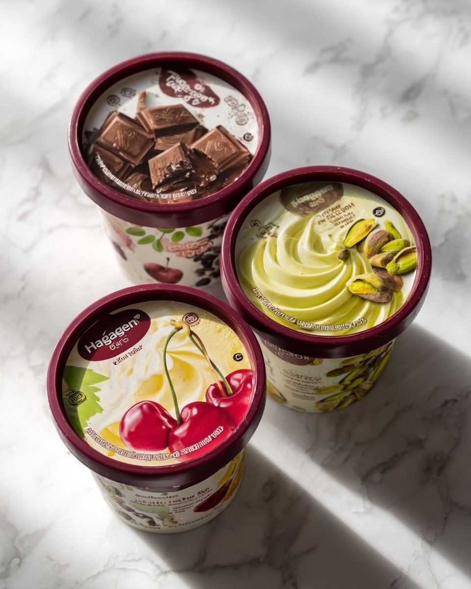 Three small tubs of Häagen-Dazs ice cream sit on a white marbled surface. Each tub has a maroon lid and a white container with colorful designs corresponding to the flavor. The top tub shows the chocolate flavor with images of chocolate cubes and swirls of chocolate on the label. The tub on the right is pistachio flavor, featuring green pistachio nuts and smooth green accents on the label. The tub on the bottom left is cherry vanilla flavor, decorated with bright red cherries and yellow swirls. All tubs are arranged closely together, tilted slightly and casting soft shadows. Photo taken with an iphone --ar 4:5 --v 7