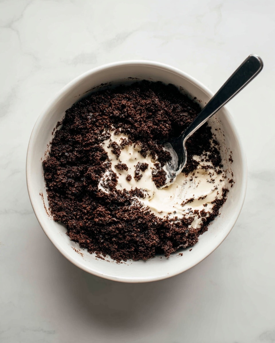 A white bowl filled with a dark chocolate crumble that covers the entire base and sides. On top of the crumble, there is a splash of white cream spread unevenly with some parts thicker and others thin, showing the texture of both cream and crumble. A black spoon rests inside the bowl on the right side, slightly pressed into the crumble. The background is a white marbled surface. photo taken with an iphone --ar 4:5 --v 7