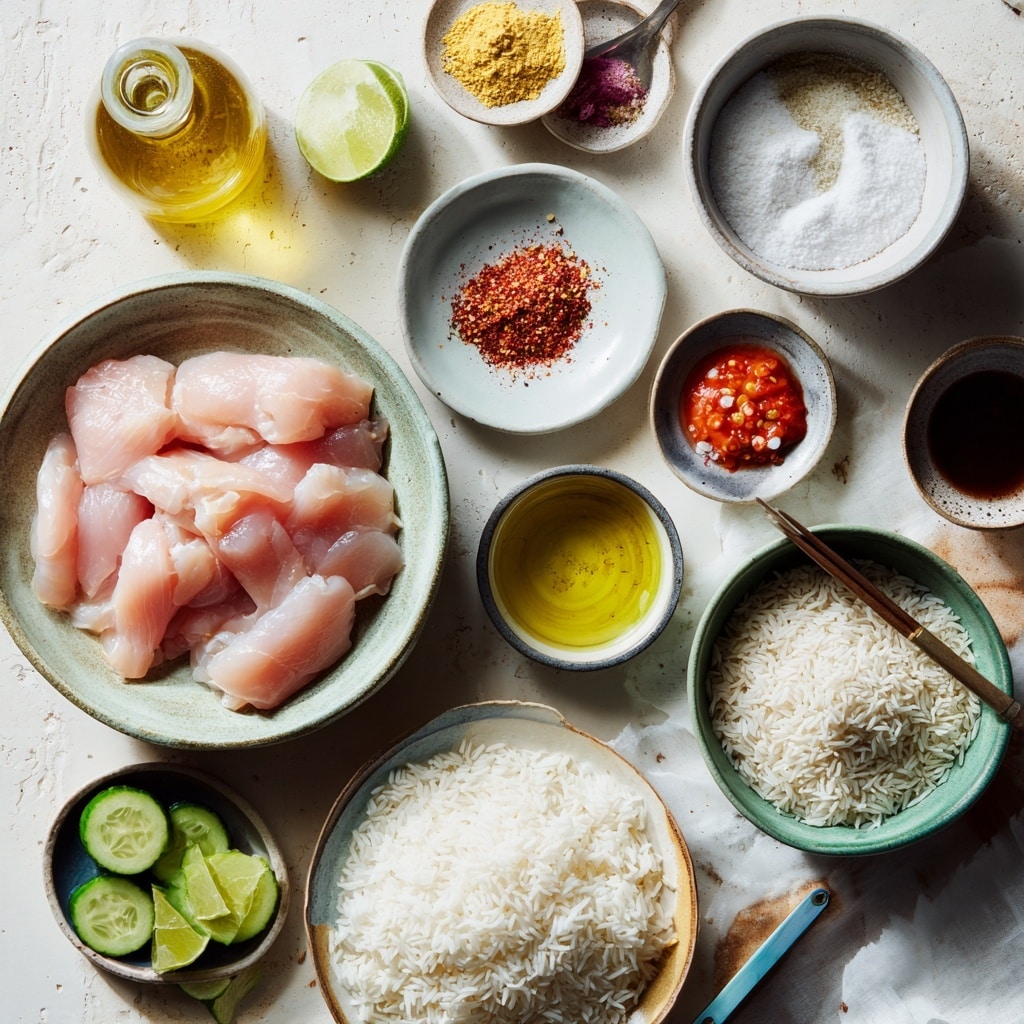 The image shows four stages of making seasoned cooked chicken. The first stage, top left, has several raw pale pink chicken pieces on a white plate surrounded by small white bowls with white, orange, red, and beige powdered spices and a small metal cup with oil, all on a white marbled surface. The second stage, top right, shows a close-up of chicken pieces coated with red-orange spice mix inside a white bowl, with a black spatula mixing them. The third stage, bottom left, shows the raw spiced chicken pieces placed in a black air fryer basket, with visible red spice coating. The fourth stage, bottom right, shows the cooked chicken in the air fryer basket, now browned and slightly charred with a crispy texture, keeping the same shape and size as before. Photo taken with an iphone --ar 4:5 --v 7