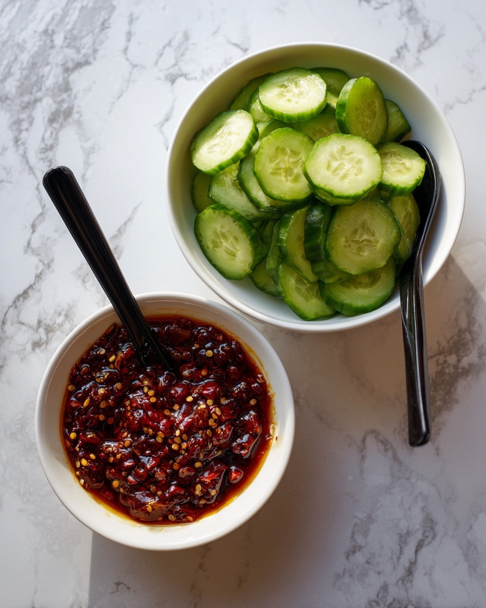 The image shows two white bowls on a white marbled surface. The left bowl holds a thick dark red sauce with visible chili flakes and seeds, with a black spoon resting inside. The right bowl contains many thin cucumber slices, bright green with a fresh texture, and a black spoon resting on top among the slices. photo taken with an iphone --ar 4:5 --v 7