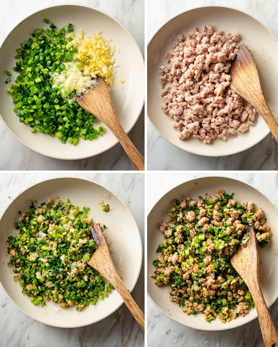 The image shows four stages of cooking ground meat with chopped green onions, minced garlic, and ginger in a white pan on a white marbled surface. The first layer has bright green onion pieces and pale yellow garlic and ginger in the center, with a wooden spatula touching the ingredients. The second layer shows light pink raw ground meat placed over the green onion mixture, softened around the edges. In the third layer, the meat is mostly light brown and mixed with the greens, appearing cooked but juicy, with the spatula on the right side. The fourth layer features fully cooked ground meat that is darker brown, mixed evenly with the vegetable bits, looking well combined and slightly textured, with the spatula resting on the right. Photo taken with an iphone --ar 4:5 --v 7